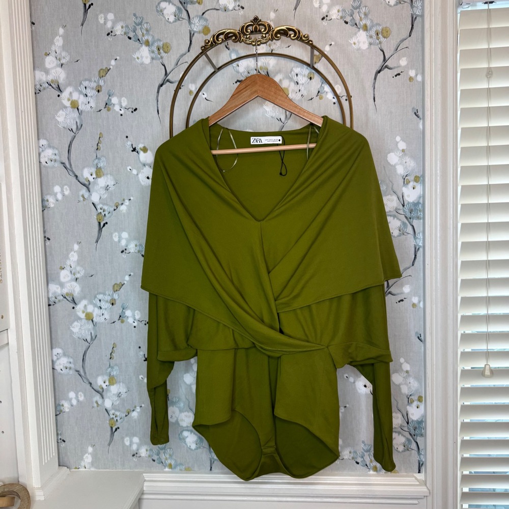 Zara Womens Olive Green Draped Twist Front V-Neck Long Sleeve Bodysuit Small